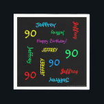 90th Birthday Party Repeating Names, Black Paper Napkin<br><div class="desc">What a wonderful, personalised paper napkin for a 90th birthday party or any other occasion. Name and Age repeats in different fonts and primary colours on a black background. Easy to personalise - just CHANGE NAME, AGE, and OCCASION in ONE PLACE. Supports name up to 9 characters. A colourful and...</div>