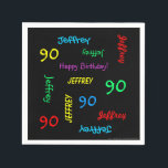 90th Birthday Party Repeating Names, Black Paper Napkin<br><div class="desc">What a wonderful, personalised paper napkin for a 90th birthday party or any other occasion. Name and Age repeats in different fonts and primary colours on a black background. Easy to personalise - just CHANGE NAME, AGE, and OCCASION in ONE PLACE. Supports name up to 9 characters. A colourful and...</div>