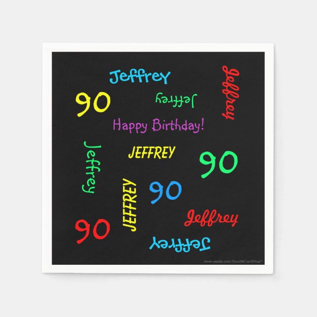 90th Birthday Party Repeating Names, Black Paper Napkin (Front)