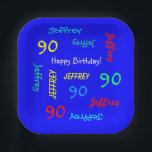 90th Birthday Party, Repeating Names, Blue Square Paper Plate<br><div class="desc">What a wonderful, personalised paper plate for a 90th birthday party or any other occasion. Name and Age repeat in different fonts and primary colours on a bright blue background. Easy to personalise - just CHANGE NAME, AGE, and OCCASION in ONE PLACE. Supports name up to 9 characters. Choose square...</div>