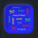 90th Birthday Party, Repeating Names, Blue Square Paper Plate<br><div class="desc">What a wonderful, personalised paper plate for a 90th birthday party or any other occasion. Name and Age repeat in different fonts and primary colours on a bright blue background. Easy to personalise - just CHANGE NAME, AGE, and OCCASION in ONE PLACE. Supports name up to 9 characters. Choose square...</div>
