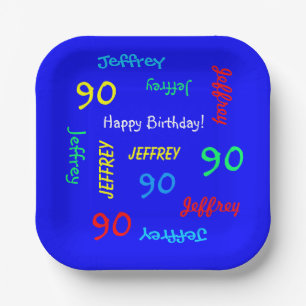 90th Birthday Party, Repeating Names, Blue Square Paper Plate