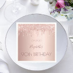 90th birthday party rose gold glitter 90 years napkin<br><div class="desc">A napkin for a girly and glamourous 90th birthday party. A faux rose gold metallic looking background with an elegant faux rose gold glitter drips, paint drip look. The text: The name is written in dark rose gold with a large modern hand lettered style script. Template for name, age 90...</div>