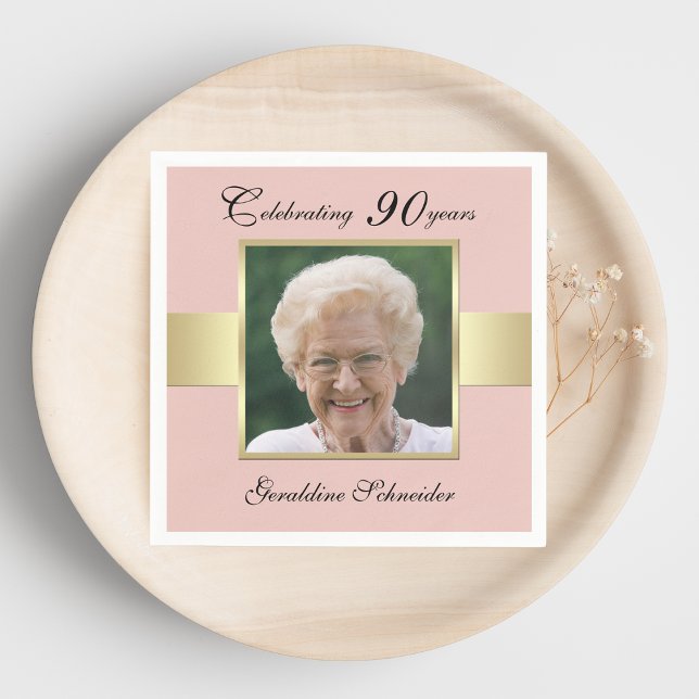 90th Birthday Party Rose Gold Photo Napkin (Creator Uploaded)