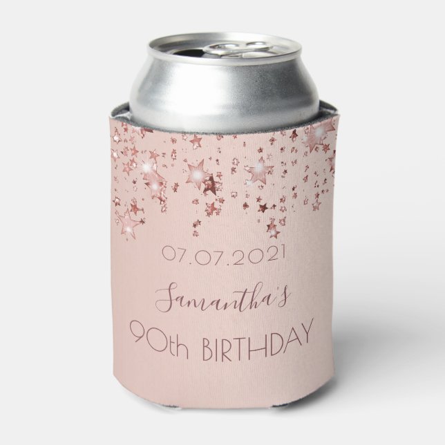90th birthday party rose gold pink stars can cooler (Can Front)