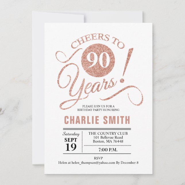 90th Birthday Party - Rose Gold White Invitation (Front)