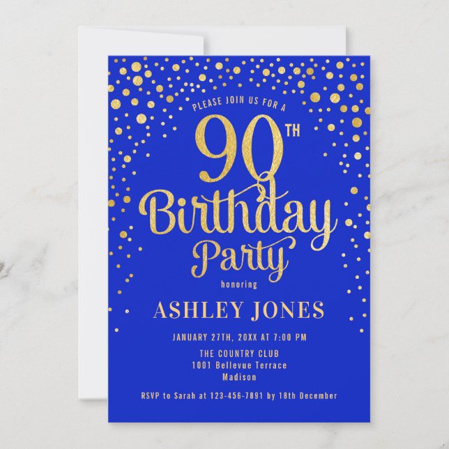 90th Birthday Party - Royal Blue & Gold Invitation (Front)