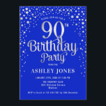 90th Birthday Party - Royal Blue & Silver Invitation<br><div class="desc">90th Birthday Party Invitation.
Elegant design in royal blue and faux glitter silver. Features stylish script font and confetti. Message me if you need custom age.</div>