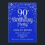 90th Birthday Party - Royal Blue & Silver Invitation<br><div class="desc">90th Birthday Party Invitation.
Elegant design in royal blue and faux glitter silver. Features stylish script font and confetti. Message me if you need custom age.</div>