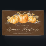 90th Birthday Party Rustic Boho Fall Pumpkin  Banner<br><div class="desc">Elegant watercolor orange pumpkins are nestled in a variety of fall foliage and flowers. A dark,  rich brown background frames it to perfection. Perfect for an autumn celebration. All text is editable.</div>