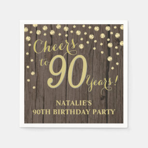 90th Birthday Party Rustic Wood and Gold Diamond N Napkin