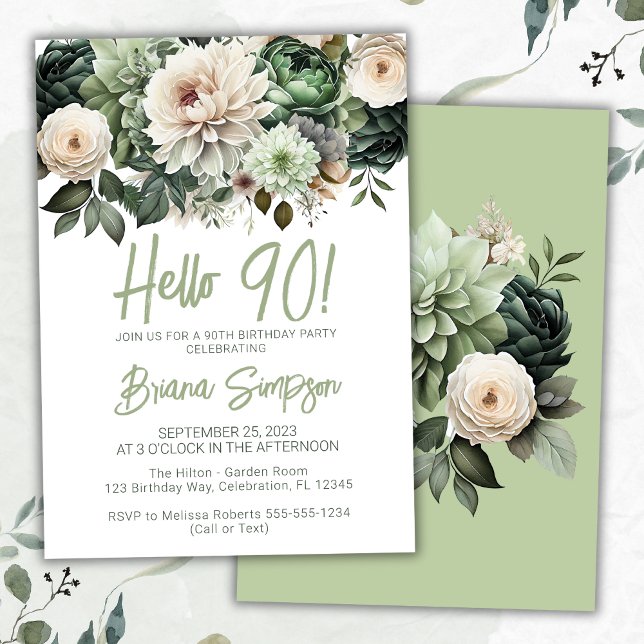 90th Birthday Party Sage Green Floral Invitation (Creator Uploaded)