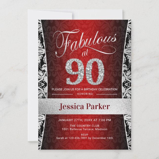 90th Birthday Party - Silver Black Red Invitation (Front)