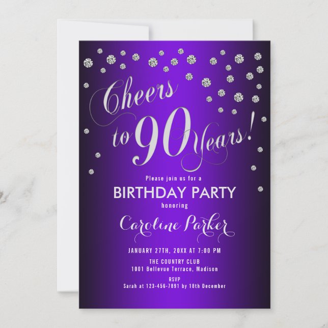 90th Birthday Party - Silver Purple Invitation (Front)