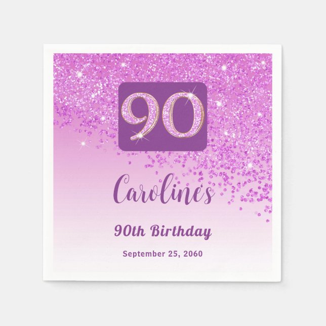 90th Birthday Party Sparkle Pink Glitter Napkin (Front)