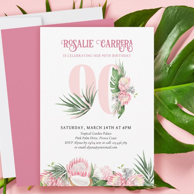 90th Birthday Party Tropical Pink Protea Number 90 Invitation (Creator Uploaded)