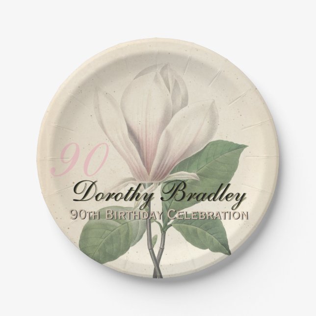 90th Birthday Party  Vintage Magnolia Paper Plates (Front)