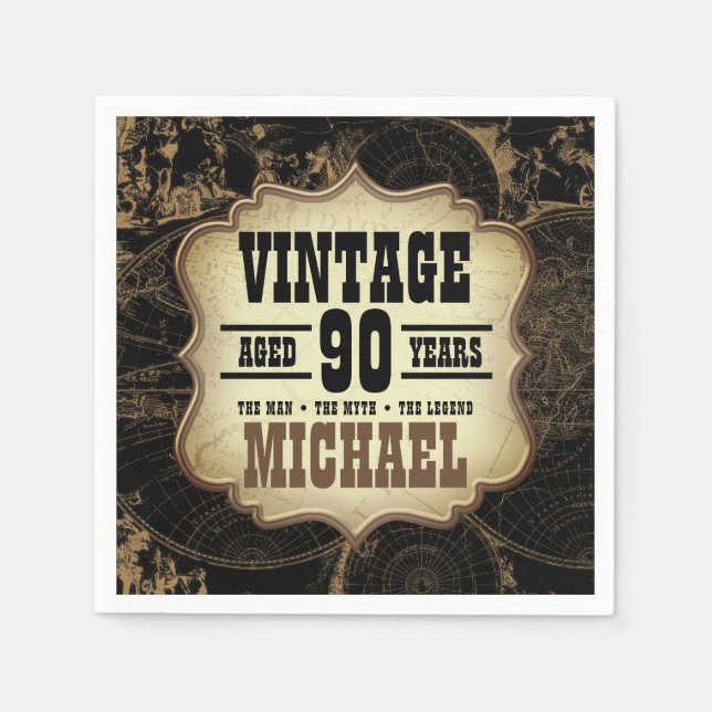 90th Birthday Party Vintage Theme Custom Name Napkin (Front)