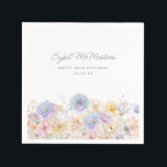 90th Birthday Party Watercolor Floral Custom Napkin<br><div class="desc">An elegant watercolor floral bouquet of vintage flowers decorates the top of this 90th birthday party custom cocktail napkin. The soft pastel flowers are accented with modern line art. The birthday celebrant's name and birthday follow. All text is editable.</div>