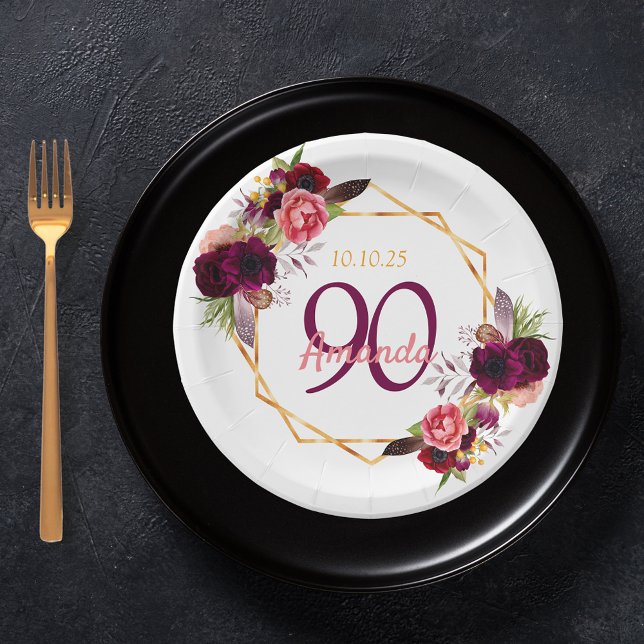 90th birthday party white gold geo floral burgundy paper plate (Creator Uploaded)