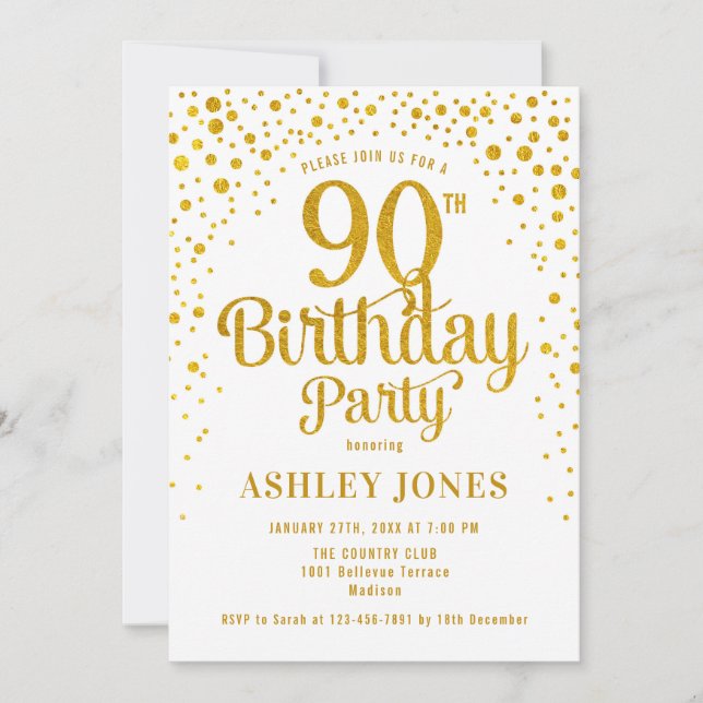 90th Birthday Party - White & Gold Invitation (Front)
