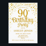 90th Birthday Party - White & Gold Invitation<br><div class="desc">90th Birthday Party Invitation.
Elegant design in white and faux glitter gold. Features stylish script font and confetti. Message me if you need custom age.</div>