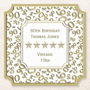 90th Birthday Party White/Gold Pattern Theme Paper Coaster