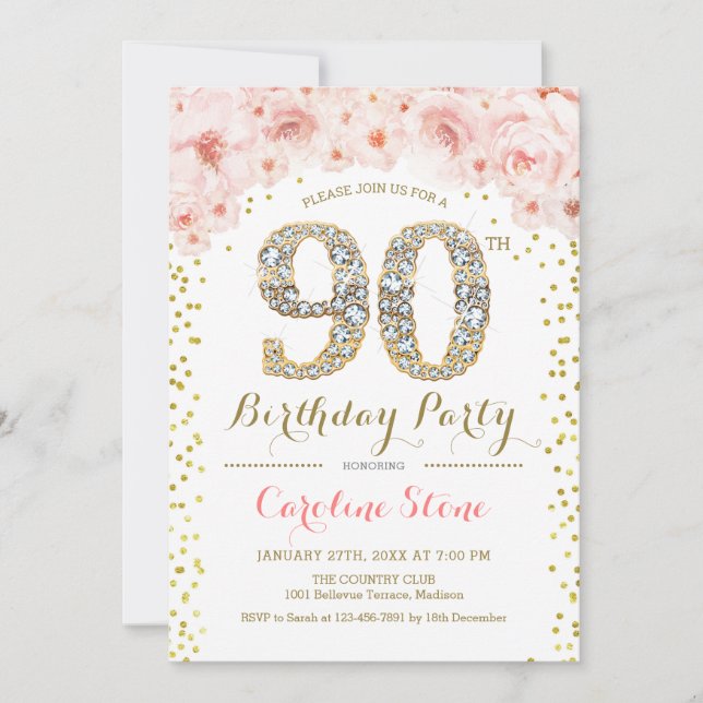 90th Birthday Party - White Gold Pink Invitation (Front)