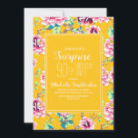 90th Birthday Party Yellow Pink Flowers<br><div class="desc">Surprise 90th birthday party invitation for a lady with bright pink flowers and green leaves on a yellow background.  Personalise with all your importatnt party information.</div>