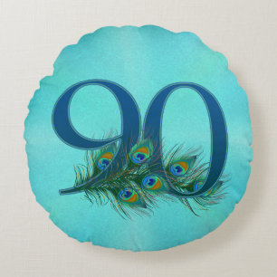 90th Birthday Peacock Feather Number Round Cushion