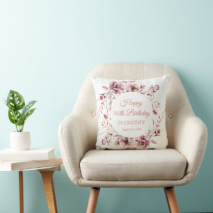 90th Birthday Personalised Burgundy Pink Floral Cushion