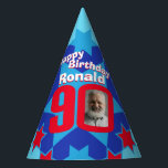 90th birthday personalised photo star name hat<br><div class="desc">Bright star pattern add your own photo and name ninieth birthday party hats. Ideal for a special 90th birthday party celebration. Colourful red and blue star pattern design. Background colour can also be changed for your own choice currently light blue. Original art and design by Sarah Trett. www.sarahtrett.com for www.mylittleeden.com...</div>