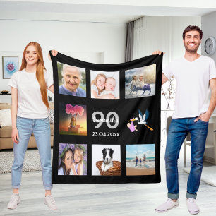 90th birthday photo collage black fleece blanket