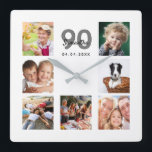 90th birthday photo collage family square wall clock<br><div class="desc">A wall clock as a gift for a 90th birthday for a woman, celebrating her life with a collage of 7 of your photos. Personalise and add a name, age 90 and a date. Date of birth or the date of the anniversary. Black and grey coloured letters. A chic white...</div>