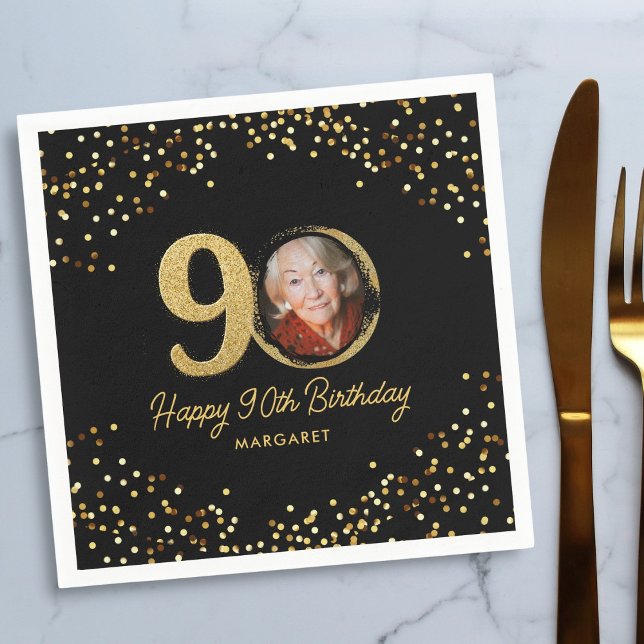 90th Birthday Photo Elegant Black Gold Glitter Napkin (Creator Uploaded)