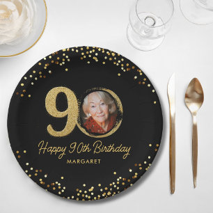 90th Birthday Photo Elegant Black Gold Glitter Paper Plate