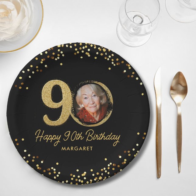 90th Birthday Photo Elegant Black Gold Glitter Paper Plate (Creator Uploaded)