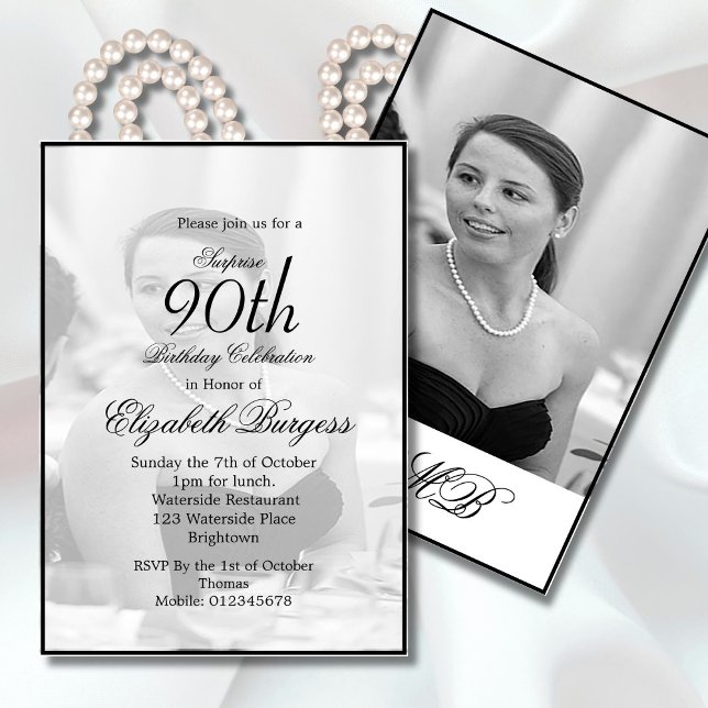 90th Birthday Photo Elegant  Monogram Birthday Invitation (Creator Uploaded)