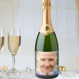 90th birthday photo hello 90  sparkling wine label
