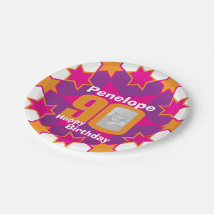 90th birthday photo name pink star paper plate