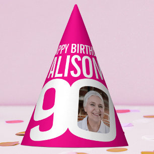 90th birthday photo personalised white hot pink party hat