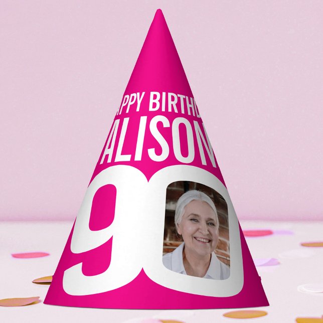 90th birthday photo personalised white hot pink party hat (Creator Uploaded)