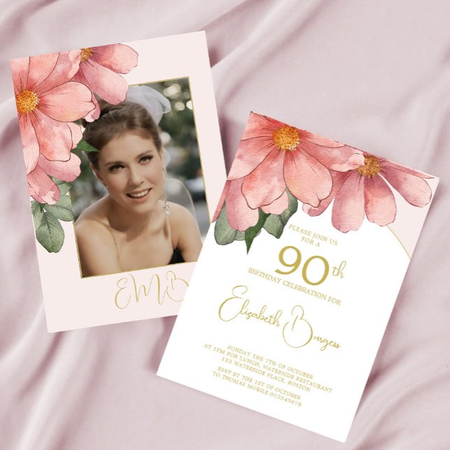 90th Birthday Photo Pink Elegant Floral Birthday Invitation (Creator Uploaded)