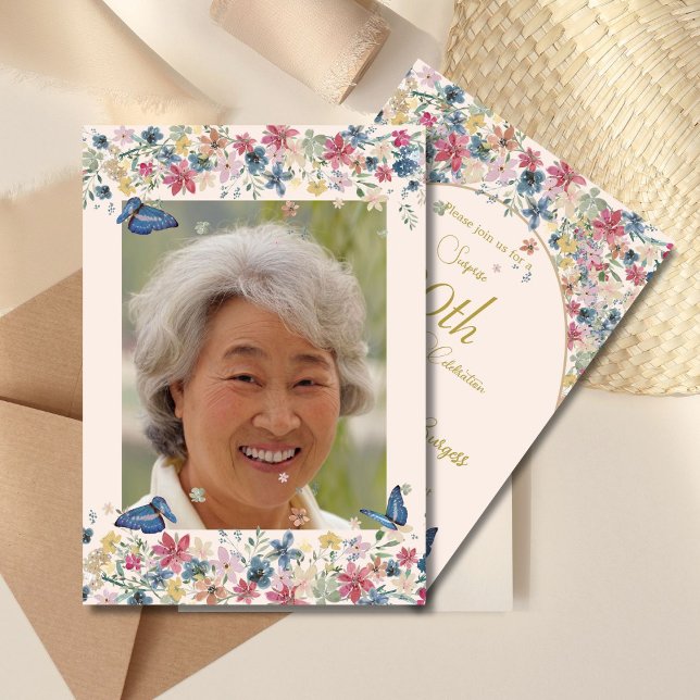 90th Birthday Photo Wildflower Elegant Invitation (Creator Uploaded)