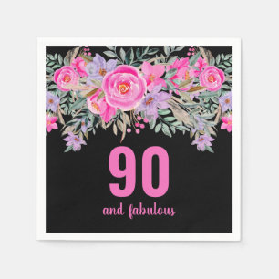 90th birthday pink black floral party napkins