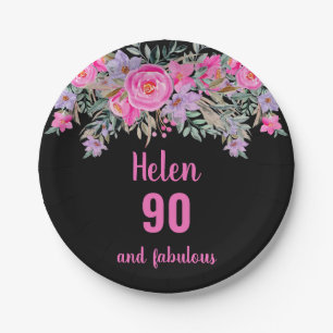 90th birthday pink black watercolor floral paper plate