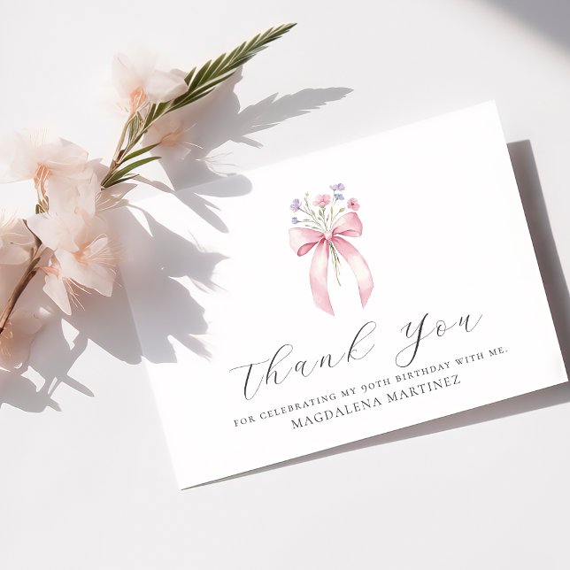 90th Birthday Pink Bow Wildflower Custom Flat Thank You Card (Creator Uploaded)