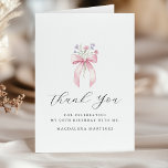 90th Birthday Pink Bow Wildflower Folded Thank You Card<br><div class="desc">Elegant pink bow accented with pink and blue wildflowers decorate this birthday thank you card. Classic calligraphy spells thank you. Three lines of text let you personalise a thank you statement and your name.</div>
