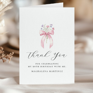 90th Birthday Pink Bow Wildflower Folded Thank You Card