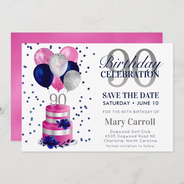 90th Birthday Pink Cake Save The Date Invitation (Front/Back)